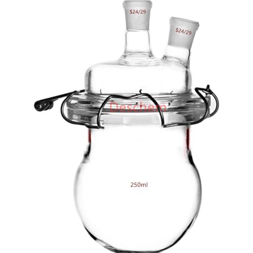 24/29 Glass Reaction Vessel 2-Neck Flat Bottom Lab Reactor Two Necks Lid & Steel Clamp