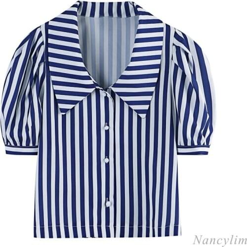 Womens Blue Vertical Striped Blouses Short Puff Sleeve Loose Shirt 2021 Summer Clothing New Female All-Match Tops Nancylim