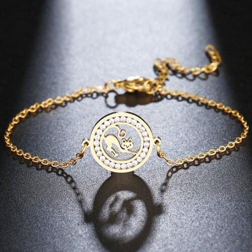 CACANA 316L Stainless Steel For Women Crystal Bracelet Lovely Lazy Cat Round Bracelets Gold Color Engagement Gifts Jewelry New