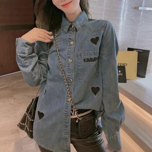 Denim Shirts Women Spring 2021 Casual Shirts Loose Retro Blue Love Embroidered Womens Shirt Chemise Femme Blusas Mujer