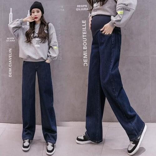 6611# Autumn Dark Blue Denim Maternity Full Long Jeans Wide Leg Loose Straight Belly Pants Clothes for Pregnant Women Pregnancy