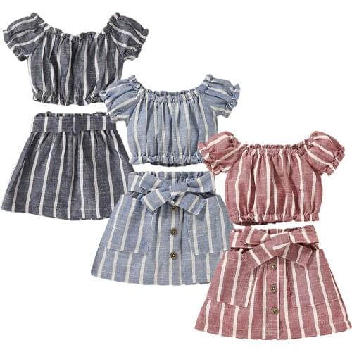 FOCUSNORM 1-5Y Summer Lovely Baby Girls Clothes Sets 2pcs Striped Printed Off Shoulder T Shirts Tops A-Line Skirts