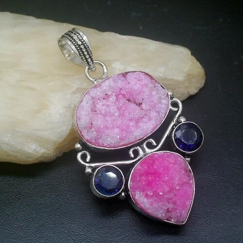 Gemstonefactory Jewelry Big Promotion 925 Silver Natural Druzy Blue Topaz Fashion Women Ladies Gifts Necklace Pendant 0500