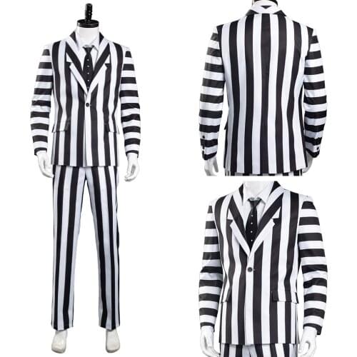 Anime Beetlejuice Adam Cosplay Costume Men Black and White Striped Suit men Jacket Shirt Pants Outfits Halloween Carnival