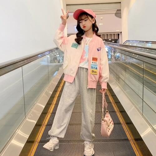 Girls Jacket Girl Long-sleeve Cardigan Baseball Jackets Spring Autumn Pink Coat Teen Clothes Kids School Jackets 6 8 10 12 14 Y