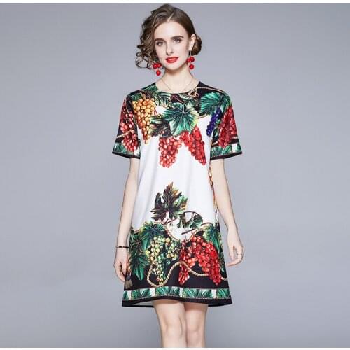 Summer Women Fashion Casual Short-sleeved Loose Vintage Grape Printed Short Dress Design Runway Mini Dresses Vestidos k6039
