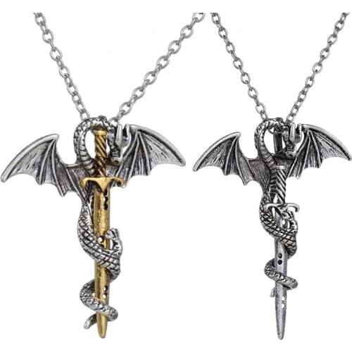 ZRM Fashion Vintage Charm Pterosaurs Sword Necklace Flying Dragon With Wings Rolled Sword Cross Punk Necklace Jewelry Men Women
