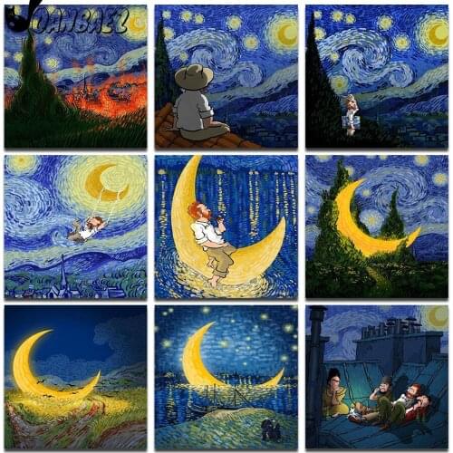Cartoon Starry Diamond Painting Van Gogh Cross Stitch Embroidery Moon Mosaic Kit 5D Diy Hand Inlaid Home Decoration Design