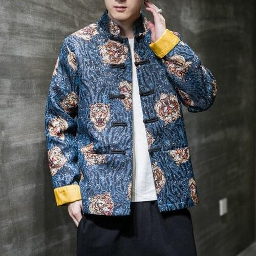 Chinese Style Coats Hanfu Men Ethnic Retro Stand Collar Tops Streetwear Mens Clothing Button Tang Suit Kung Fu Clothes KK3401