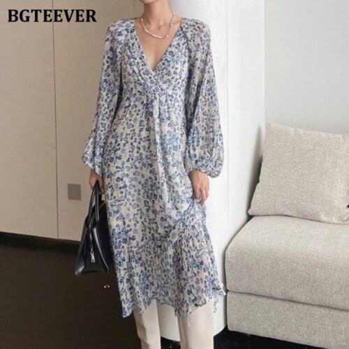 BGTEEVER Vintage Deep-V Floral Print Women Dresses 2021 Autumn Ladies Vestidos Puff Sleeve Lace-up Female Pleated Dress