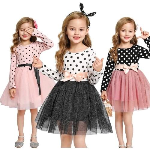Girls Dress Polka Dot Ribbon Bow Casual Autumn Princess Tutu Dress Girl Kids Tulle Elegant Long Sleeve Ball Gown Party Vestido
