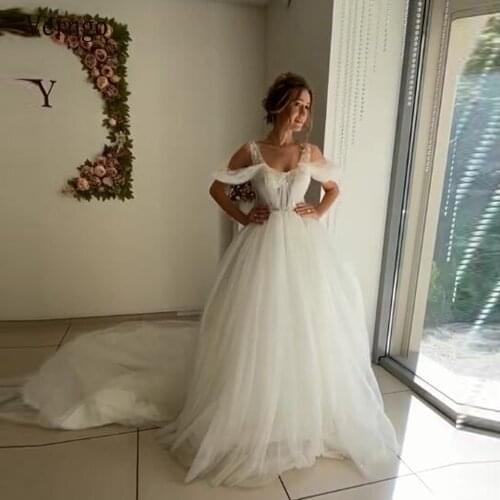Verngo Square Neck Off the Shoulder Wedding Dress For Bridal Tulle A Line Fairy Bride Gowns Sweep Train Custom Made