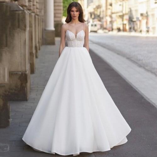Sweetheart Pearls Spaghetti Straps Zipper Tulle A-Line Simple Wedding Dress 2021 Vestido De Noiva Bridal Gown