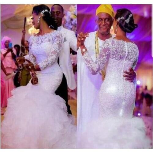 Sexy African White Lace Mermaid Wedding Dresses Long Tiered Skirt Sweep Train Bridal Gowns Plus Size Long Sleeve Wedding Dress