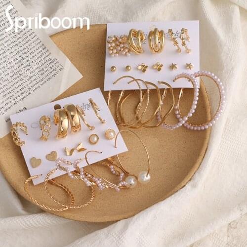 9 Pairs/set Big Hoop Earrings Set for Women Girls Circle Pearl Earring Fashion Gold Geometric Set of Earring Jewelry Accessories