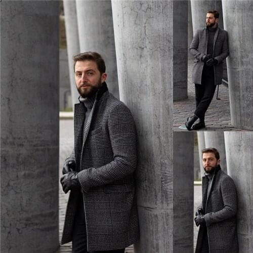 Gray Check Men Suits Tuxedos Winter Warm Custom Made Fashion Long Coat Suit Party Prom Formal Blazer Only One Jacket