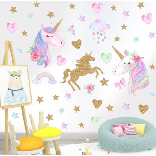 Super Cartoon Horse Heart Star Unicorn Wall Stickers For Kids Rooms Baby Bedroom Home Decor Art Background 3D Autocollant Mural