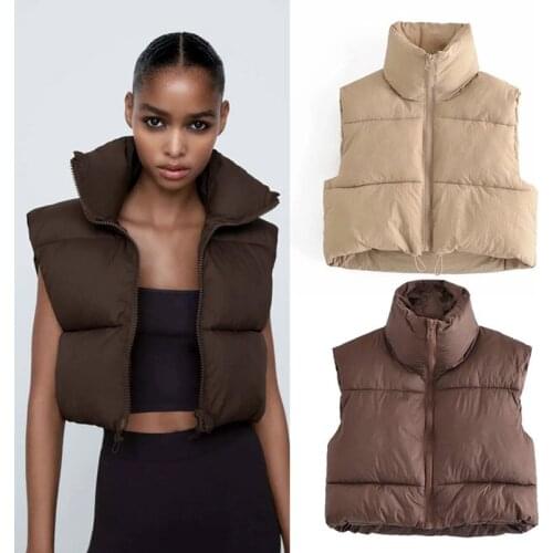 Ladies Autumn Stand Collar Cotton Vests Women Elegant Solid Simple Zipper Coats Women Casual High Waisted Vests 9010917