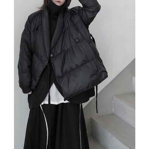 Korean Style 2020 Winter Ladies Down Jacket Stand Collar Solid Color Black White Down Coat Loose Oversized Womens Short Coat