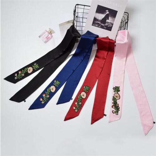 2019 Spring Luxury Brand Women Print Silk Scarf Floral Embroidery Headband Handle Bag Decorative Ribbon Female Tie Long Scarves
