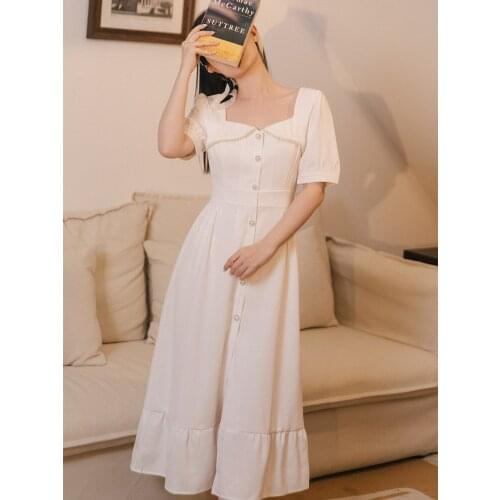 Hepburn Style Black Square Neck Dress Womens Chic Fashion Pearl Single-breasted Beaded Vintage Dress Vestidos