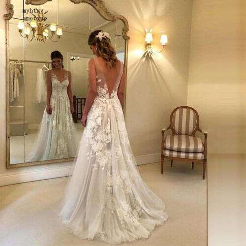 Sexy Wedding Dresses 2020 Long V Neck Party Gowns Back Deep Appliques Vestido De Noiva Novia Fotos Reales Luxury Boho Beach