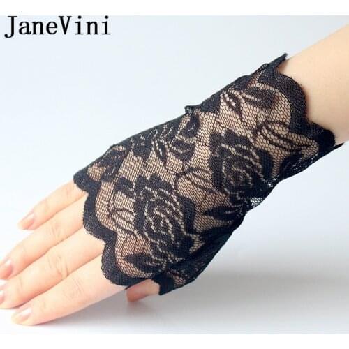 JaneVini 2018 Fingerless Black Lace Gloves Short White Bridal Gloves Wedding Gloves For Bride Gant En Dentelle Noire Gothique