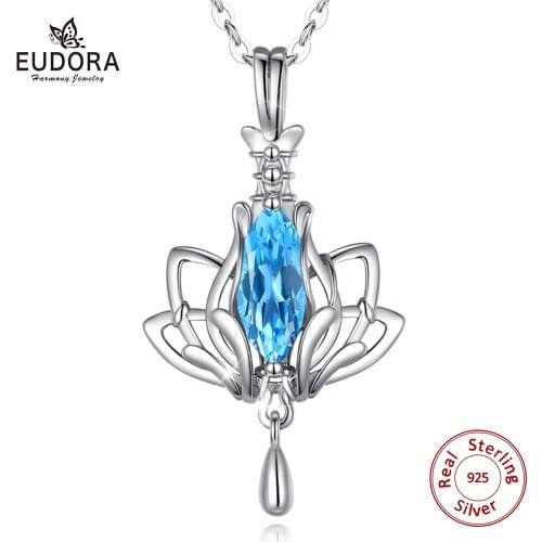 EUDORA Real 925 sterling silver Lotus necklace Pendant with Blue AAA Cubic Zirconia flower Jewelry with box Women Jewelry D594