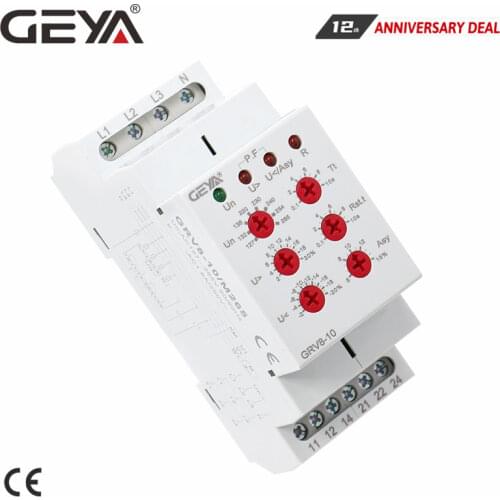 GEYA GRV8-10 NEW 36mm Width 3 Phase Voltage Monitoring Relay with Reset Time 0.1s-10s Voltage Relay