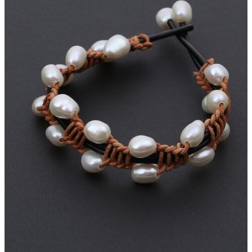 Hot sell gift Wild handmade baroque freshwater natural white real pearl handmade genuine leather bracelet bangle