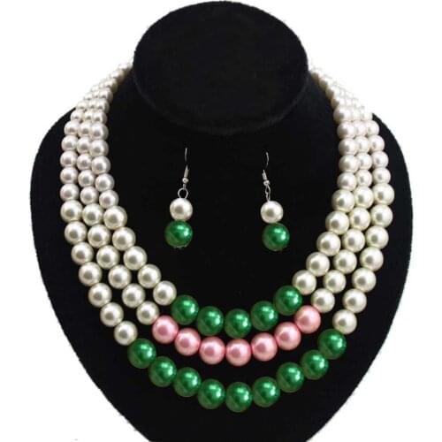 Pink and green Pearl Beads Women Necklace Earring Jewelry Set Three Strands Pink Green beaded Pearl Necklace
