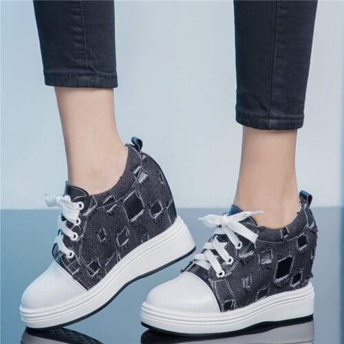 Fashion Sneakers Women Lace Up Genuine Leather Wedges High Heel Vulcanized Shoes Female Canvas Round Toe Platform Pumps Shoes
