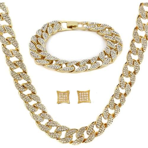 Gold Color Tone Brass Fully CZ Iced Out 11mm 24" Hip Hop Miami Cuban Chain & 8" Bracelet & Geometric Earrings