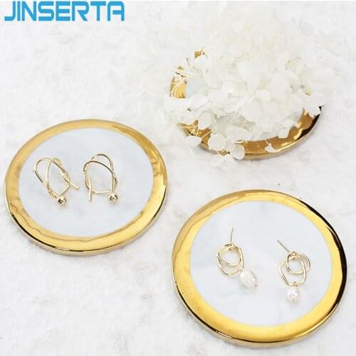 JINSERTA Marble Storage Tray Gold Inlay Round Jewelry Display Plate Earrings Rings Organizer Desktop Decor Photography Props