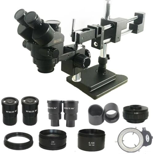 New Model 3.5X-180X Double Boom Simul Focal trinocular stereo Inudstrial PCB Soldering Microscope 0.5X 2.0X Objective lens kit