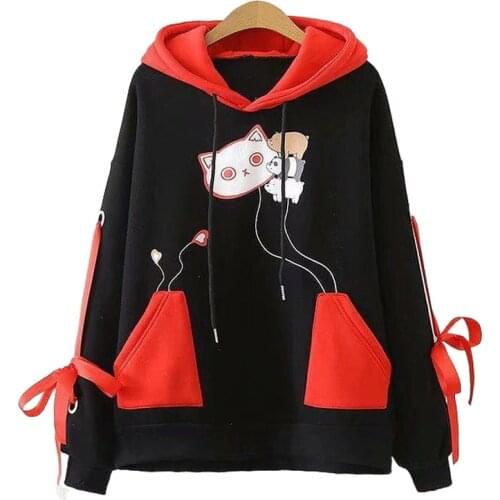 Autumn Winter New Fleece Girl Hooded Sweatshirts Hoodies Women Preppy Style Cartoon Print Loose Pullovers 2011389