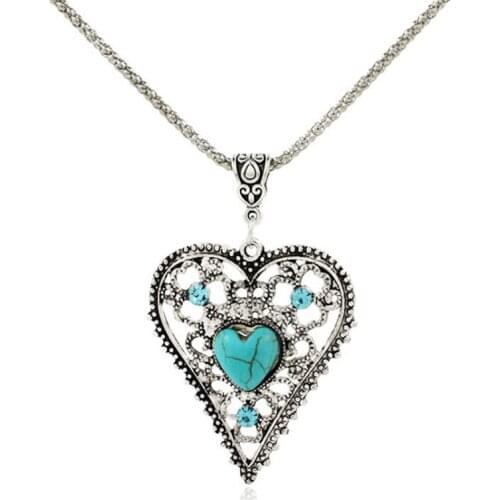 Silver Plated Cute Heart Green Turquoises Stone Pendant Link Chain Necklace Popular Jewelry