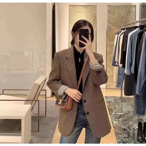 2021FW Autumn Vintage New Women Plaid Wool Blazer Female OL Chic Luxury Jacket Coat Overcoat Gdnz 8.07