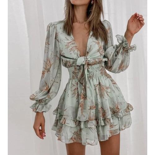 Spring Women V Neck Chiffon Print Dress Self-tie Knot Front Ruffles Leopard Dress Sexy Female Short A Line Party Vestidos 2021