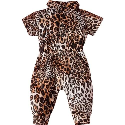 Pudcoco Baby Rompers Fashion Kids Baby Girls Leopard Printed Outfits Short Sleeve Turn-Down Collar Summer Jumpsuits