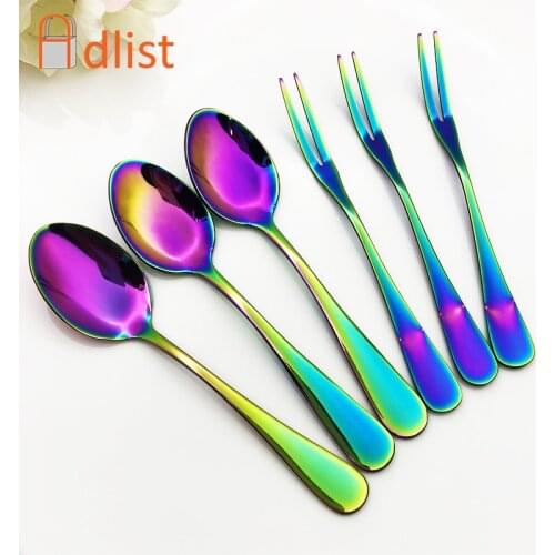 Rainbow Flower Coffee Spoon Stainless Steel Tableware Sugar Tea Spoon Forks Kitchen Gadget Restaurant Party Cafe Cutlery set