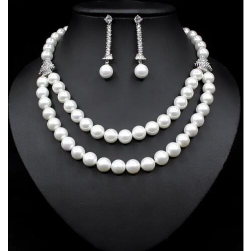 EYER Luxury Two-piece Pearl Necklace Earrings Dubai Jewelry Set Bridal AAA Cubic Zirconia Double Layer Characteristic Necklace