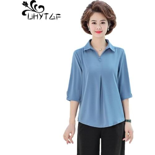 UHYTGF Womens Blouse Solid Wild Elegant Mother Summer Shirt Casual Female Slim Plus Size Tops Soft Comfortable Thin Clothes 1581
