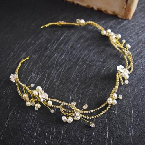 Unique Pearl Flower Cupchain Rhinestone Soft Chain Wedding Dress Hair Band Trimming Gold Jewelry Headbands Gorgeous Hot FD0019