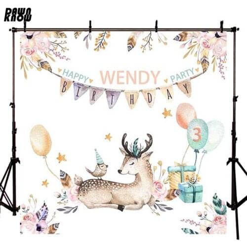 DAWNKNOW Birthday Party Vinyl Photography Background Cartoon Deer Polyester Backdrop For Children Photo Studio Customize G118