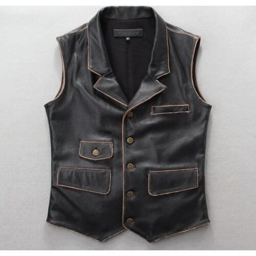 2020 Vintage Black Men Genuine Biker' Single Breasted Slim Fit Short Cowhide Riding Leather Vest FREE SHIPPING