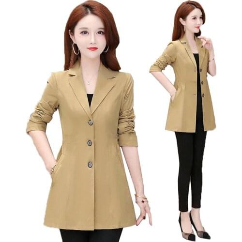 2021 Women Blazer Femme Jackets Spring Autumn Khaki Navy Blue Coat Ladies Mid-length Coat Lining Small Suit Coat Female Tops 5XL
