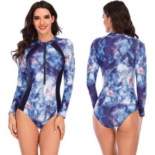 Swimsuit Pants Long Sleeve Swim Wear Korean Surf Swimwears One Piece Female Diving Suit Sexy Print Polyester For Women