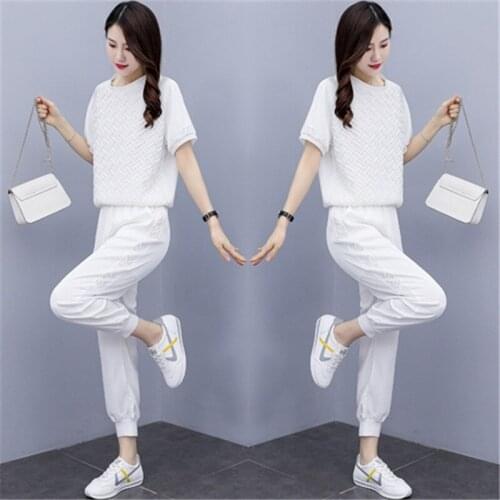 Summer Black White Blue Women Sets 2021 Fashion Casual Female Sportswear Suit Short Sleeve Tshirts+ Pants Two-piece Set B907