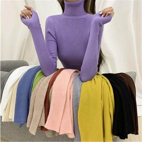Korean New 2021 Autumn Women Pullover Sweater Turtleneck Long Sleeve Knitted Jumper Winter Elastic Solid Basic Ladies Blouse